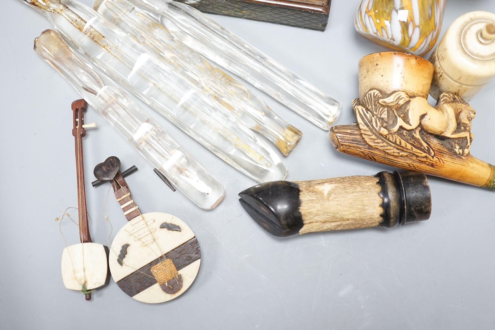 Four Victorian treen match holders with ‘go to bed’ tops a meerschaum pipe, four glass scent vials, a bone match holder Mdina toadstool, glass scent bottles etc.